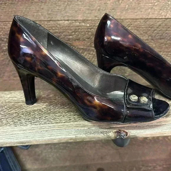 Stuart Weitzman tortoiseshell Marble Heels Open Toe Pumps size 5 wide - Picture 1 of 8
